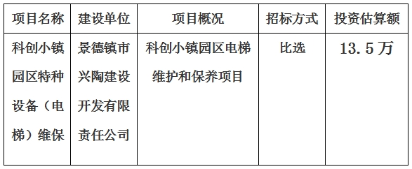 科創小鎮園區特種設備（電梯）維保計劃公告　　